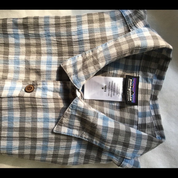 PATAGONIA blue/gray/white plaid shirt sleeve organic cotton Men’s Med. Gauze. - Picture 3 of 6